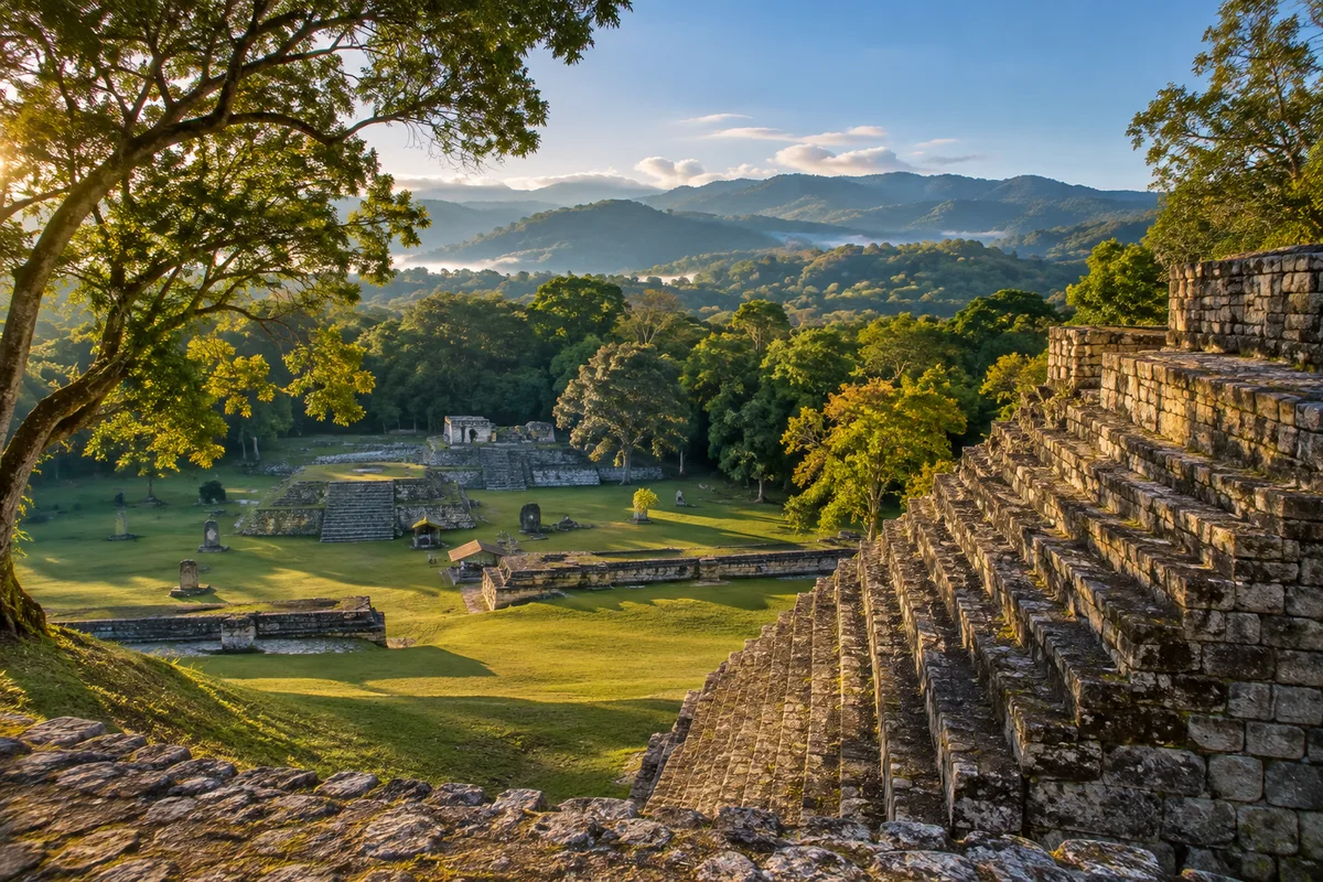 Ilustración generada con IA de Ruinas de Copán